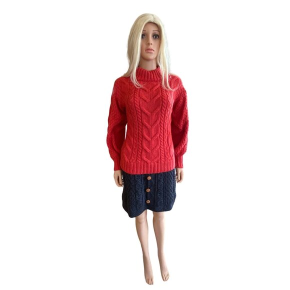 NWT Aran Woollen Mills Red Cable-knit Crew Neck Merino Sweater S Balloon Sleeves - Picture 10 of 14